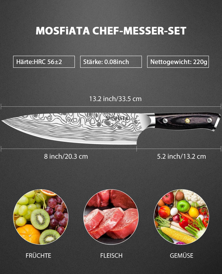 MOSFiATA Kochmesser, Küchenmesser Fleischmesser Profi Chefmesser 20CM Allzweckmesser aus EN.4116 Deu