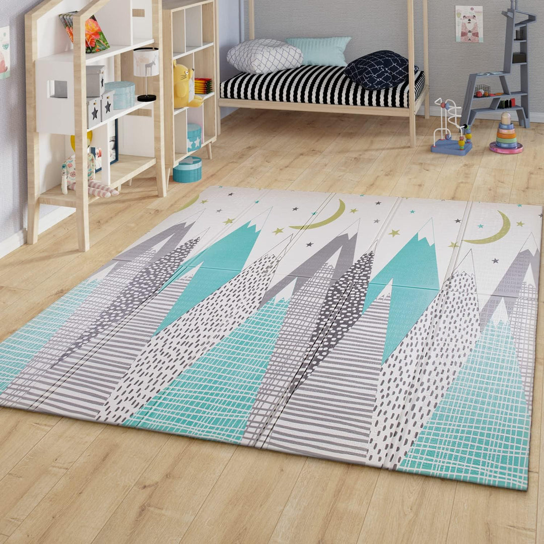 TT Home Kinder Matte Faltbar Spielmatte Krabbelmatte Berge Tier Motiv Wendbar, Farbe:Grau Petrol Cre