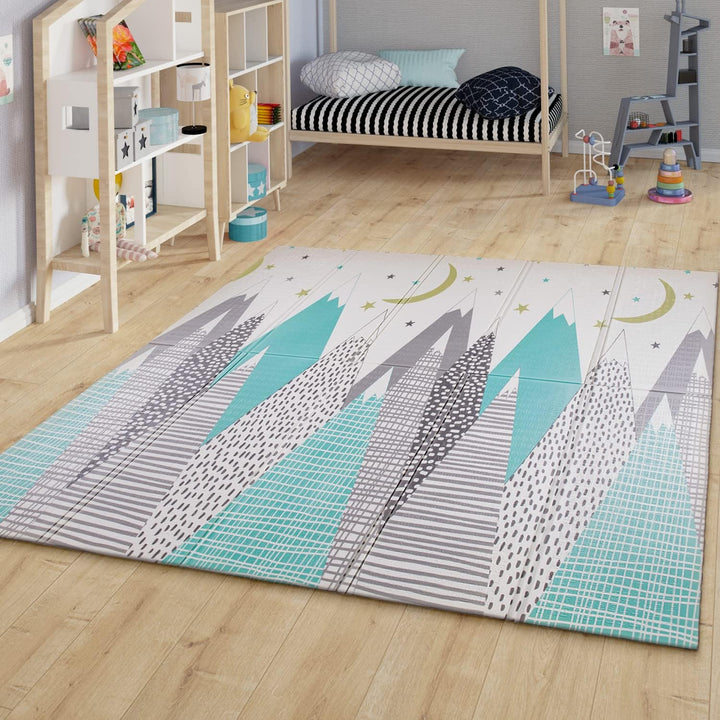 TT Home Kinder Matte Faltbar Spielmatte Krabbelmatte Berge Tier Motiv Wendbar, Farbe:Grau Petrol Cre