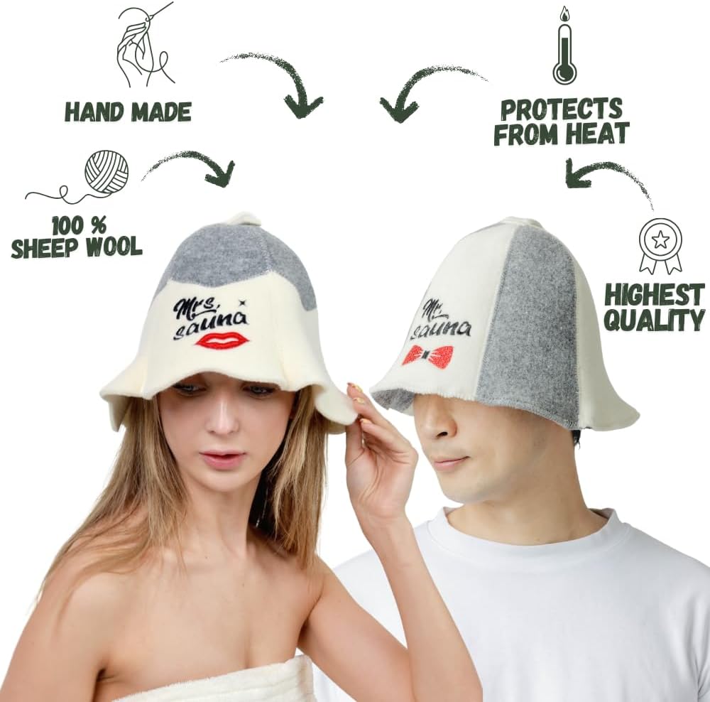 Sauna Guru Saunahut 'Mr and Mrs Sauna' White - 100% organische Wollfilzmützen - Schützen Sie Ihren K
