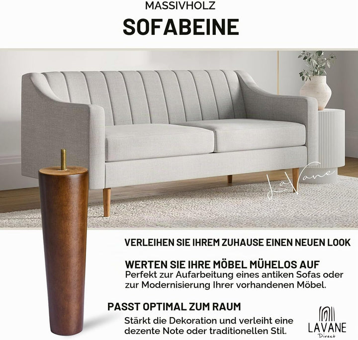 La Vane 4 Stück Möbelfüsse aus Massivholz - 15cm Höhe, Walnuss, Konisch mit M8 Gewindebolzen &amp; Monta