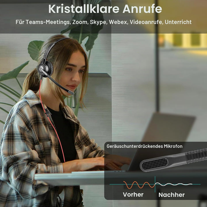 Callez USB PC Headset mit Mikrofon, Stereo Headset mit ENC 2 Noise Cancelling Mikrofon, Teams Anrufs