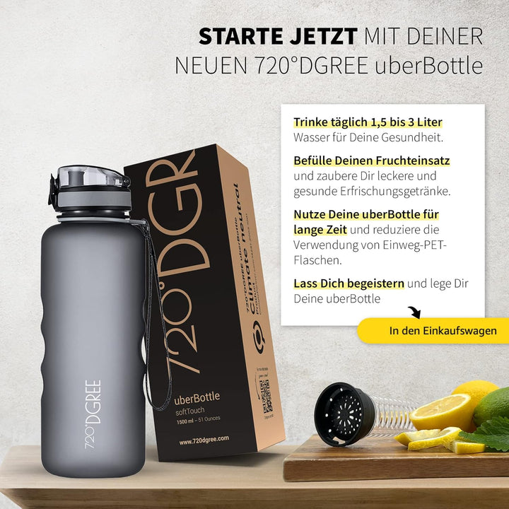 720°DGREE Trinkflasche “uberBottle“ 350ml, 500ml, 650ml, 1l softTouch +Früchtebehälter - Auslaufsich