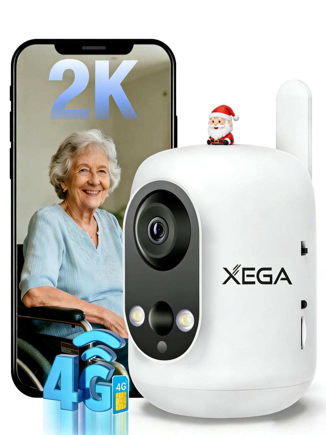 Xega 4G LTE Überwachungskamera Innen mit SIM Karte Ohne WLAN, 2K Kabellose Kamera für Babys/Haustier