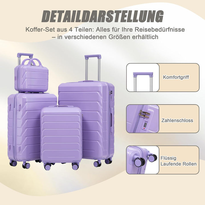Hartschalen-Koffer Trolley Handgepäck Rollkoffer, Reisekoffer Set mit 4 Rollen, 4er Gepäckset Lila L