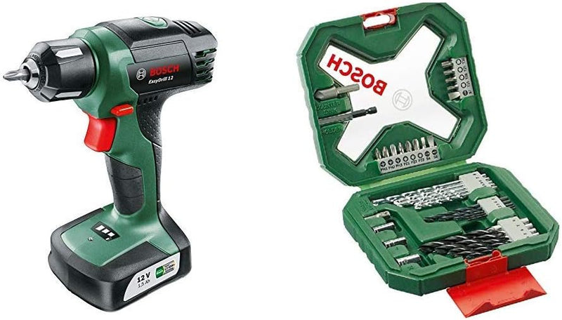 Bosch Akkuschrauber EasyDrill 12 (integrierter Akku, 12 Volt, in Tasche) + Bosch 34tlg. X-Line Class