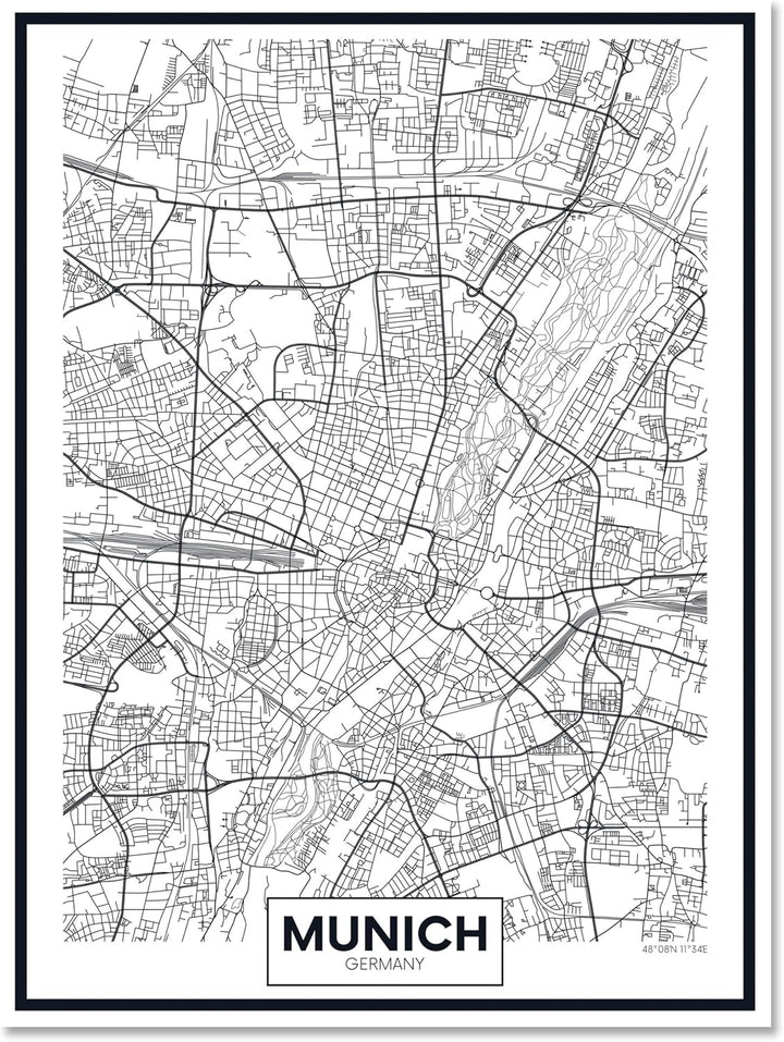 wandmotiv24 Stadt Karte als Leinwandbild, 60x45cm, Hochformat, München, Deutschland, Munich, Plan, S