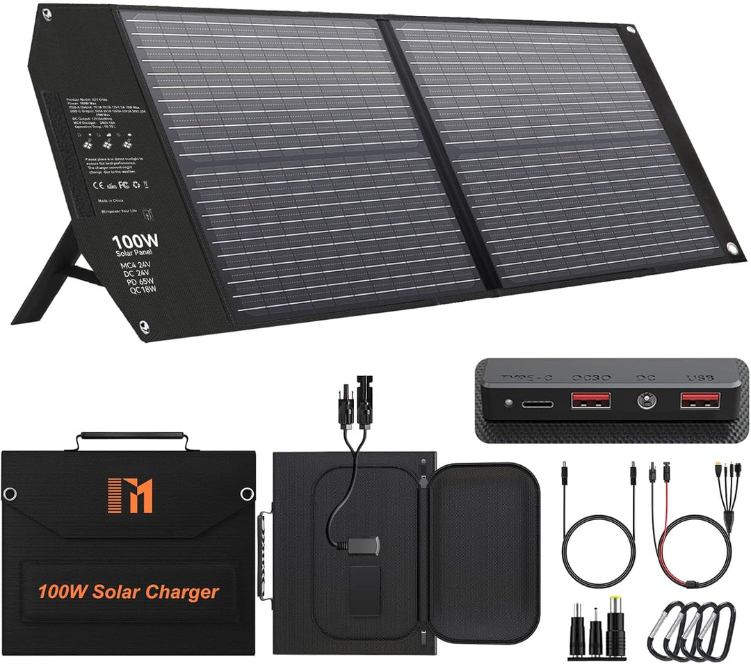Mesuvida 100W Solar Ladegerät Faltbar mit 5 Anschlüssen, 18V MC4 höhere Leistung/12V DC/QC 3.0 USB-A