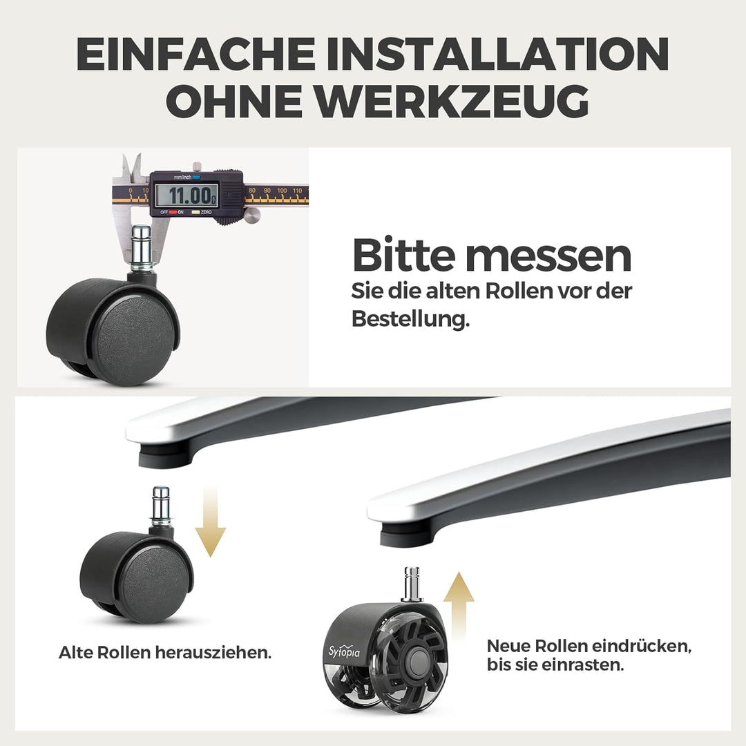 Sytopia Bürostuhl Rollen 70mm 5er Set, 11x22mm Rollen für Bürostühle, Hartboden, Parkett, Bodenschut
