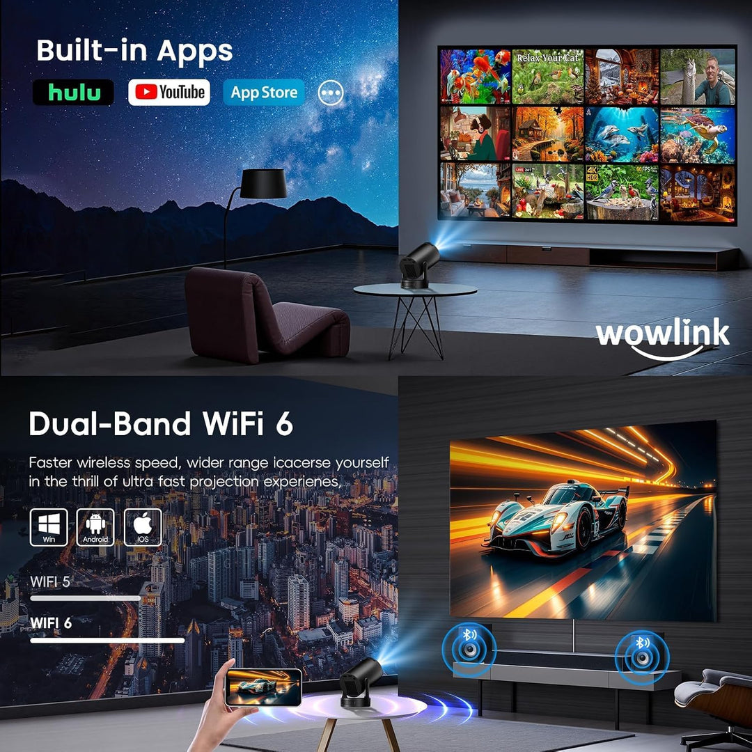 Mini Beamer 4K Unterstützt mit WiFi 6 BT5.4 integrierten Apps Android 14 TV | Projektor‌ mit Auto Ho