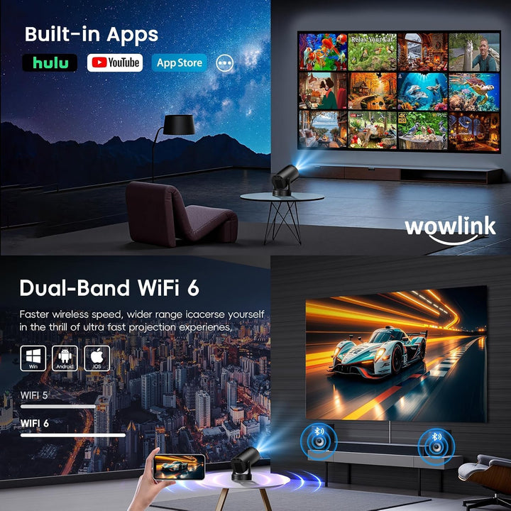 Mini Beamer 4K Unterstützt mit WiFi 6 BT5.4 integrierten Apps Android 14 TV | Projektor‌ mit Auto Ho