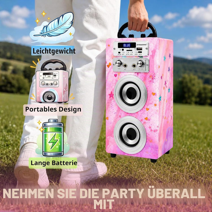 DYNASONIC Karaoke mit 2 Mikrofonen, tragbarer Karaoke-Maschine, Bluetooth-Lautsprecher, USB- und SD-