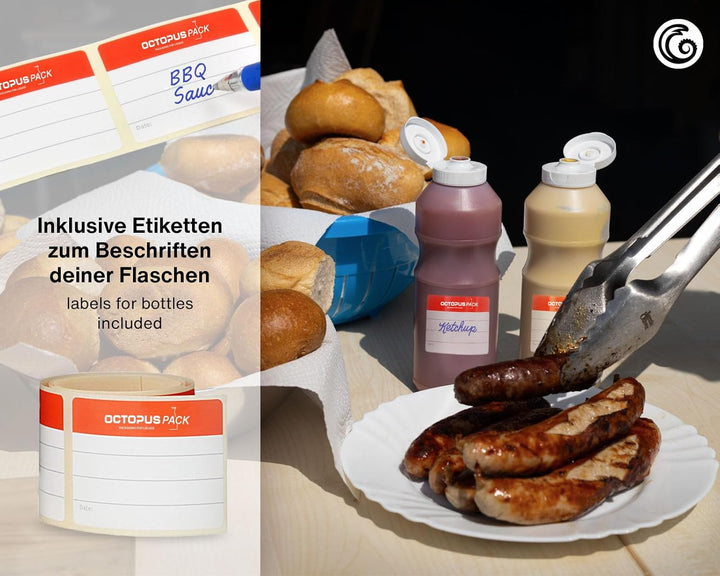 Octopus 3x Quetschflaschen, Ketchupflaschen 500 ml mit weissem Ketchupdeckel und Beschriftungsetiket