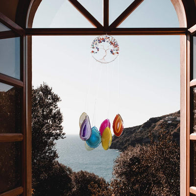 Mogokoyo 7 Chakra Windspiel aus natürlich Achat Scheiben Lebensbaum Kristall zum Aufhängen Windspiel