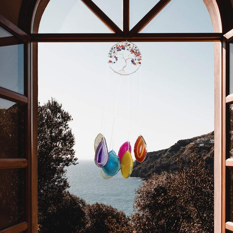 Mogokoyo 7 Chakra Windspiel aus natürlich Achat Scheiben Lebensbaum Kristall zum Aufhängen Windspiel