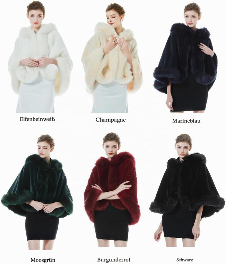 BEAUTELICATE Damen Kunstpelz Braut Umhang mit Kapuze Winter Braut Poncho Cape Kurz Warm Kunstpelz St