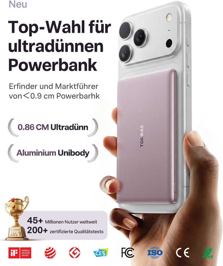 TORRAS MiniMag Ultra Slim Powerbank für Magsafe, 18W Schnellladen 5000mAh Magnetische Powerbank Klei