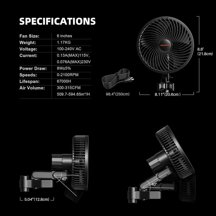 Spider Farmer Grow Ventilator mit Clip, 10 dynamische Windstärken, 10 stufige Oszillation, EC Motor,