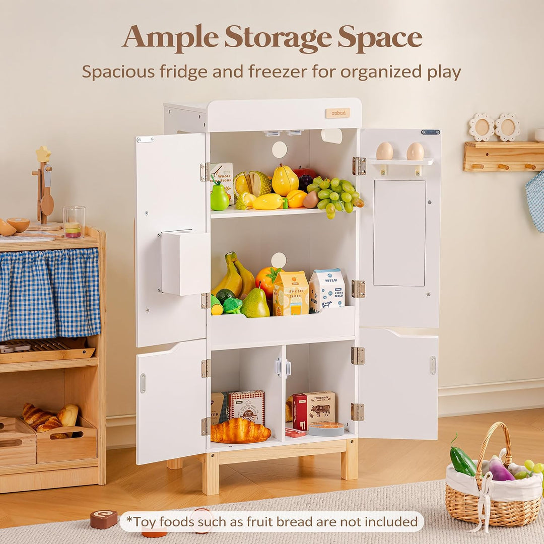 ROBUD Spielkühlschrank Holz für Kinder, Kinderküche Kühlschrank mit Getränkeautomat &amp; Aufbewahrung,