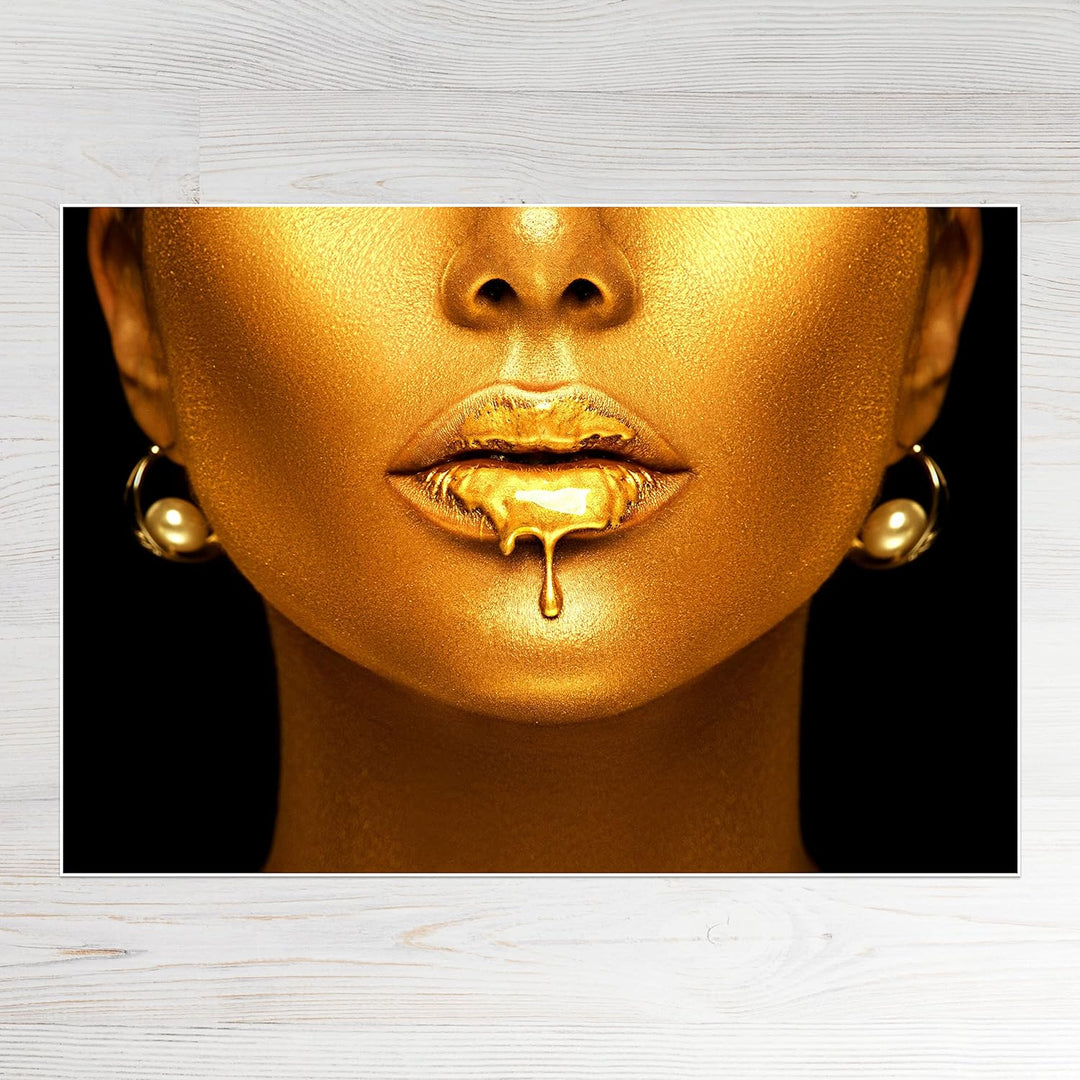 wandmotiv24 Poster als Wanddeko, Grösse 100x70cm, Gold Collection, Frau in Gold, Lippen, Farbe, Schm