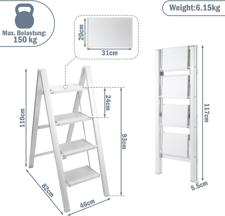4 Stufen Leiter Aluminium Klappleiter, Klappbar Leichte Stehleiter, Trittleiter 4 Stufen, rutschfest