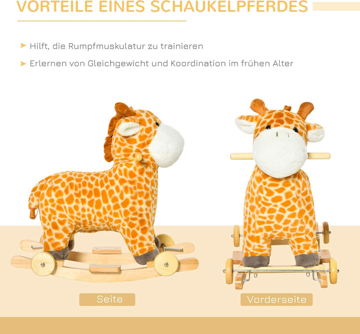 HOMCOM 2-IN-1 Schaukelpferd mit Räder Plüsch Schaukeltier Babyschaukel Spielzeug Gelb 63 x 38 x 63 c