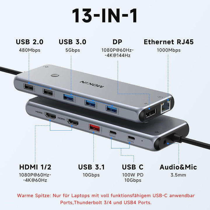 USB C Docking Station Dual Monitor 13 in 1 Triple Display Dock, Laptop Docking Station with 2 HDMI,