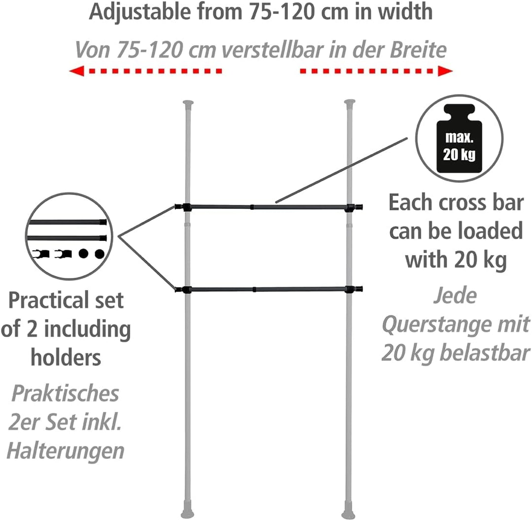 WENKO Kleiderstange Herkules 2er Set, Waagerechte Ergänzungs-Stange zum passenden Teleskop-System, M
