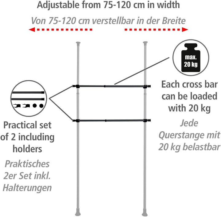 WENKO Kleiderstange Herkules 2er Set, Waagerechte Ergänzungs-Stange zum passenden Teleskop-System, M