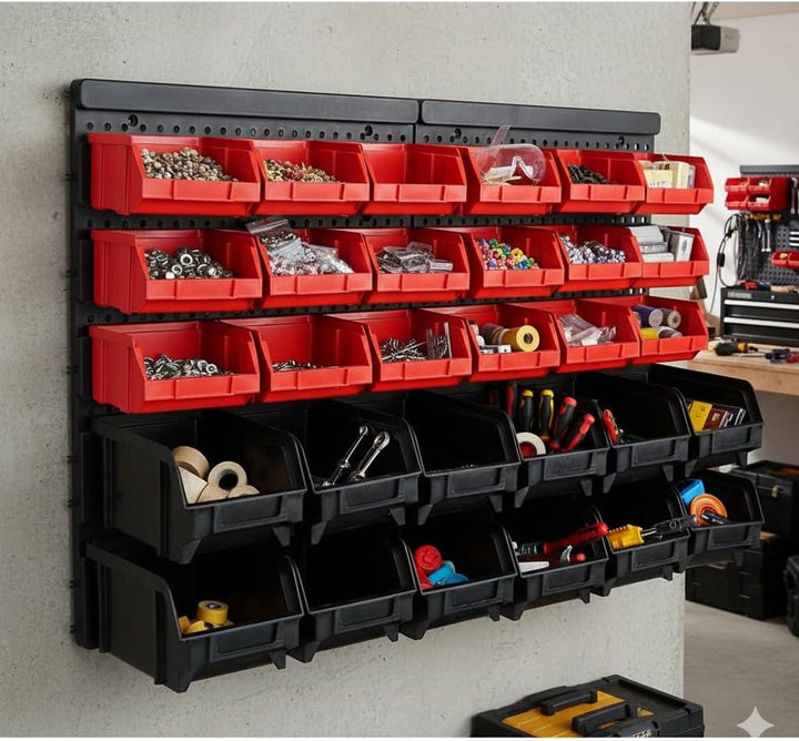 ORDER Werkstatt Wandregal-Set, 30 Stapelboxen in Rot/Schwarz, Hängeorganizer mit Sortierboxen, 64x2x