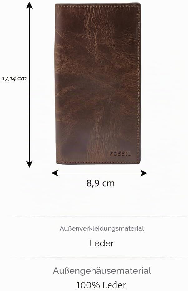 Fossil Geldbörse für Herren Derrick, 100% Leder Bifold Dunkelbraun L: 8,9 cm, B: 1,3 cm, H: 17,1 cm
