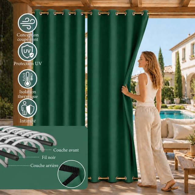 Rosnek Outdoor Vorhang Wetterfest Winddicht, Balkon Gardinen mit Ösen Oben & Unten, Blickdicht Wasse