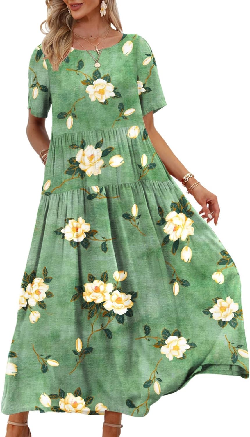YESNO Damen Kleider Freizeit Lose Sommerkleid Lang Boho Maxikleid für Rundhals Strandkleid Blumenkle