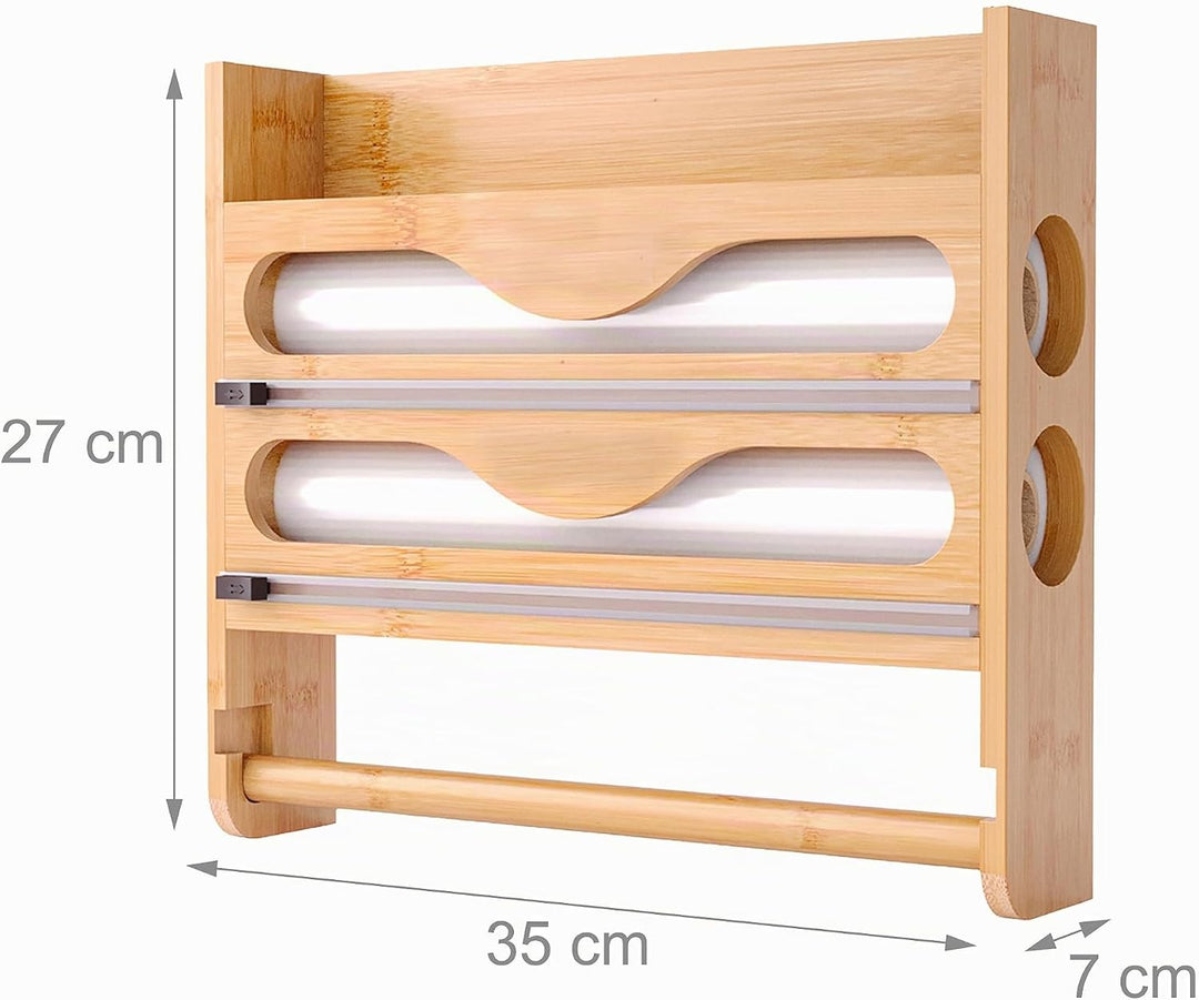 Relaxdays Wandrollenhalter 3 in 1, für Küchenrolle, Alufolie, Frischhaltefolie, Bambus, HxBxT: 27 x