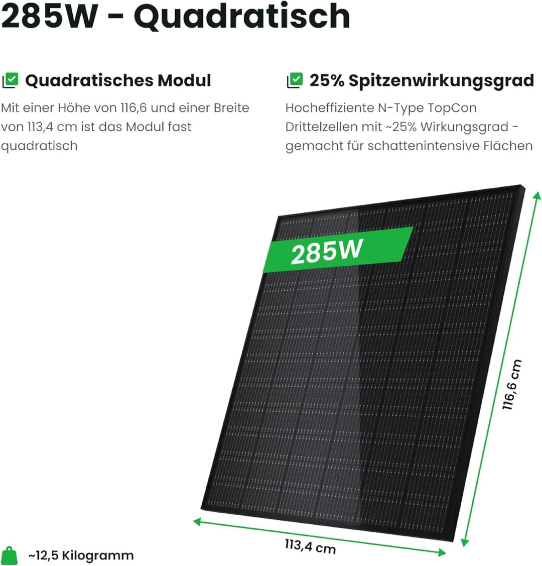RAY 285W Full Black Solarmodul inkl. Flachdach- &amp; Garten-Halterung – TopCon N-Typ – 25% Wirkungsgrad