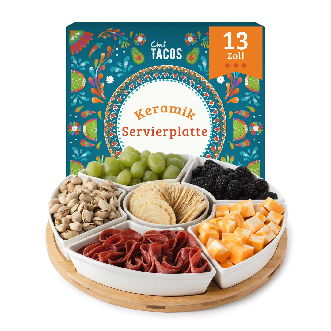 Chef Tacos Ceramic Taco Serving Platter - Divided Serving Tray for Taco Tuesday Lazy Susan Taco Bar