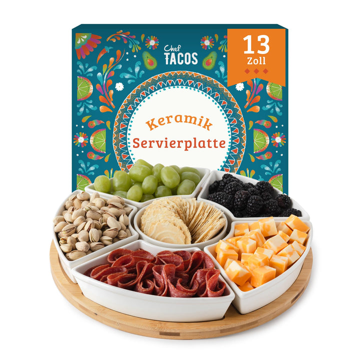 Chef Tacos Ceramic Taco Serving Platter - Divided Serving Tray for Taco Tuesday Lazy Susan Taco Bar