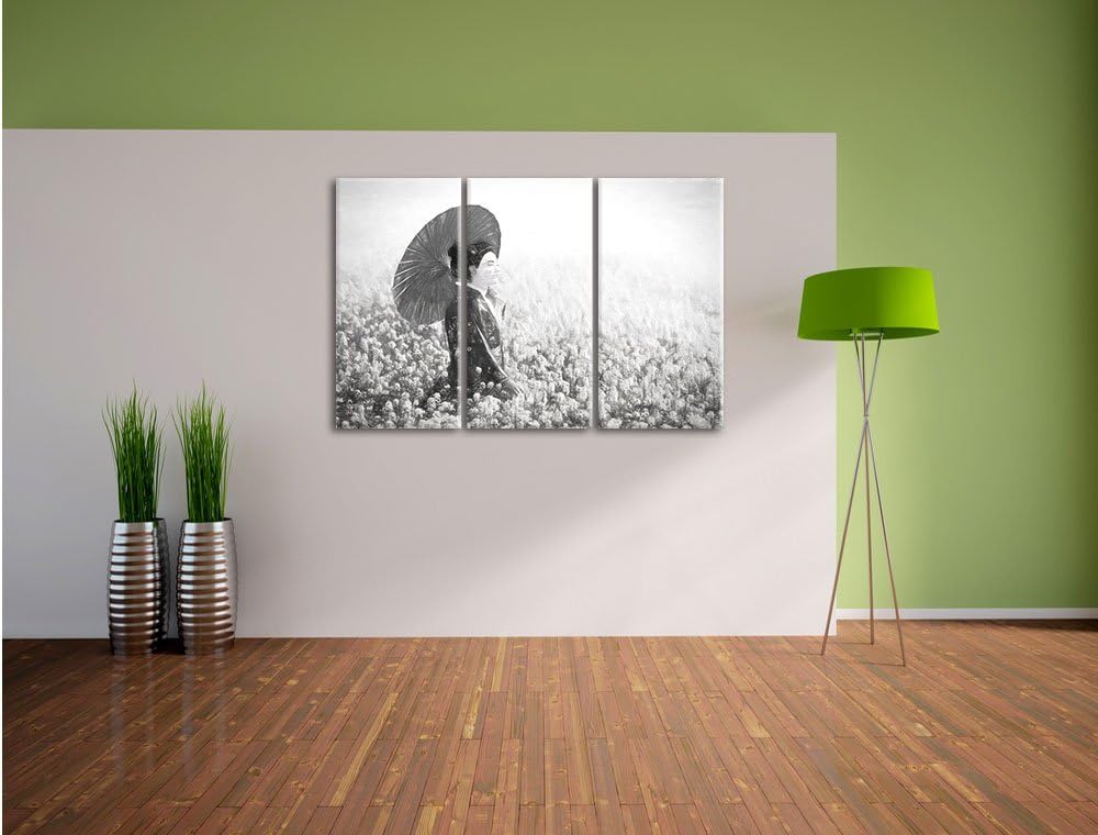 Pixxprint Geisha auf dem Feld Kunst Kohle Effekt 3-Teiler Leinwandbild 120x80 Bild auf Leinwand