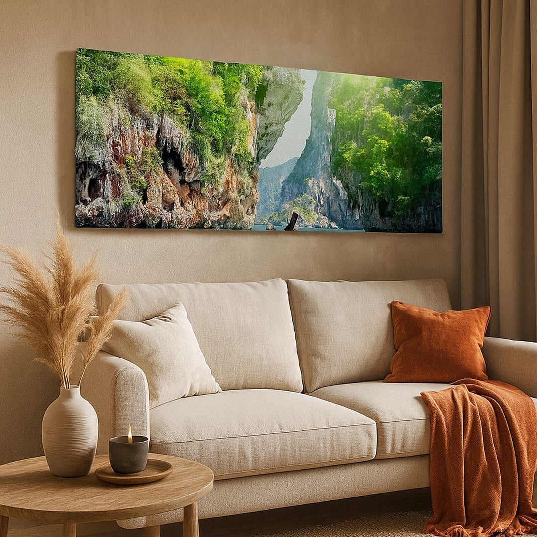 Wandbilder Dekoration Wohnzimmer Boot Klippen Natur Felsen Panorama Bilder auf Leinwand 120x50cm Lei