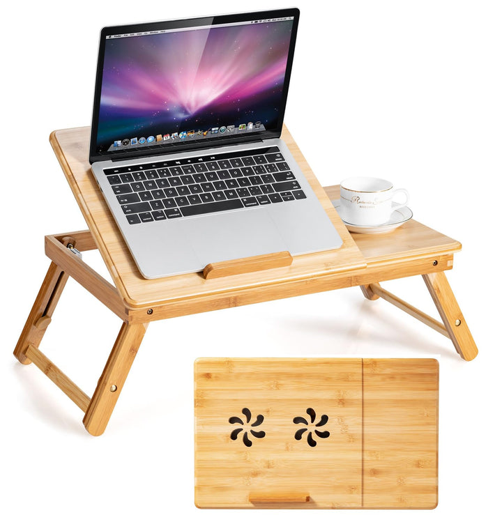 GIANTEX Laptoptisch fürs Bett, Bambus-Serviertablett mit 4-stufiger neigbarer Schreibtischplatte und