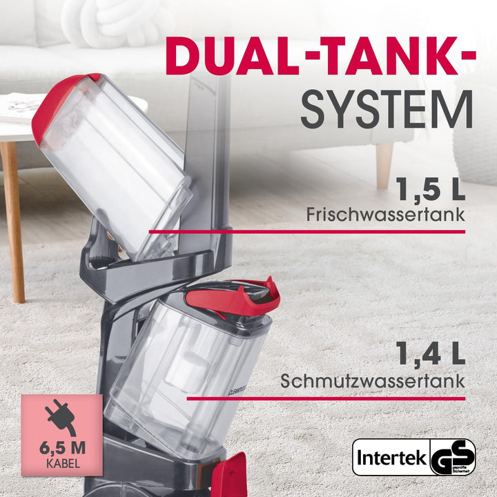 CLEANmaxx Teppichreiniger AquaStream Plus | 3 in 1: waschen, reinigen, absaugen | Nasssauger mit Vib
