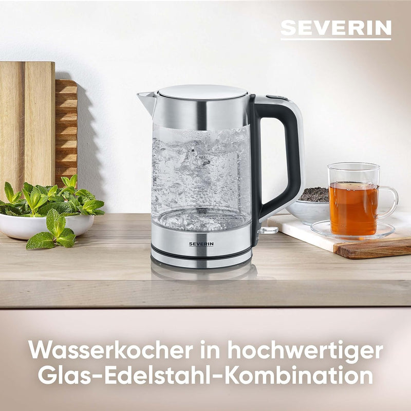 SEVERIN 3420-000 WK 3420 Wasserkocher, 2200, 1.7 liters, Glas-Edelstahl-gebürstet/schwarz