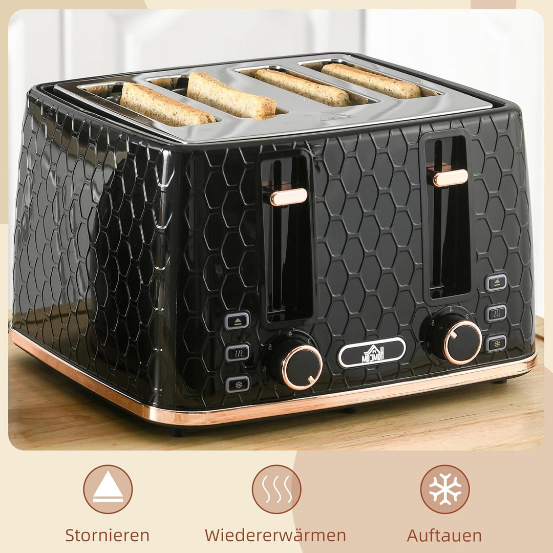 HOMCOM Toaster 4 Scheiben mit 7 Bräunungsstufen, Edelstahl mit Brötchenaufsatz, Auftaufunktion, Aufw