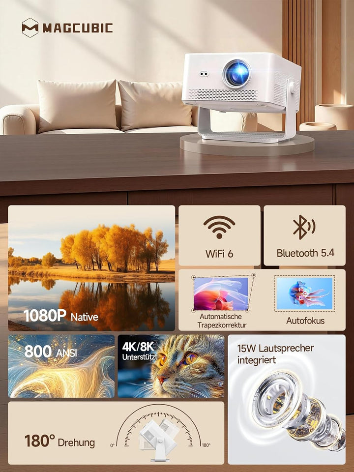 【Android 14 &amp; 800 ANSI】 Magcubic Mini Beamer 4K 8K Unterstützt, Smart Projektor Native 1080P mit WiF