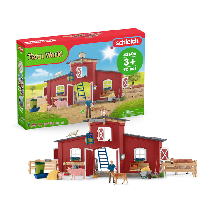 schleich FARM WORLD | Grosse rote Farm mit Bauernhaus 42606 | Set inkl. Haus, Bauer, Kuh, Schwein, K