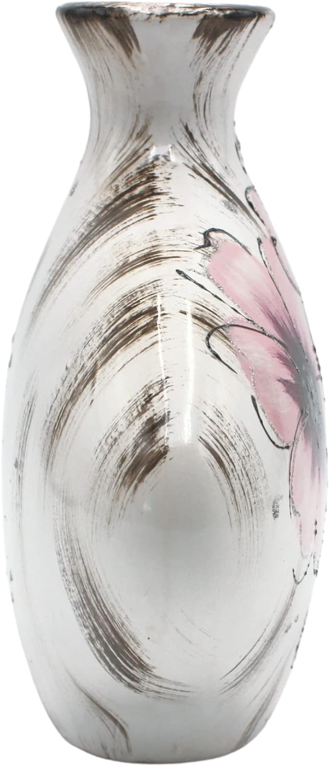 Ovale Keramik Vase mit Blumen-Dekor, schwarz-rosa, Handarbeit, GrösseL/B/H ca. 7 x 30 x 20 cm Rosa B