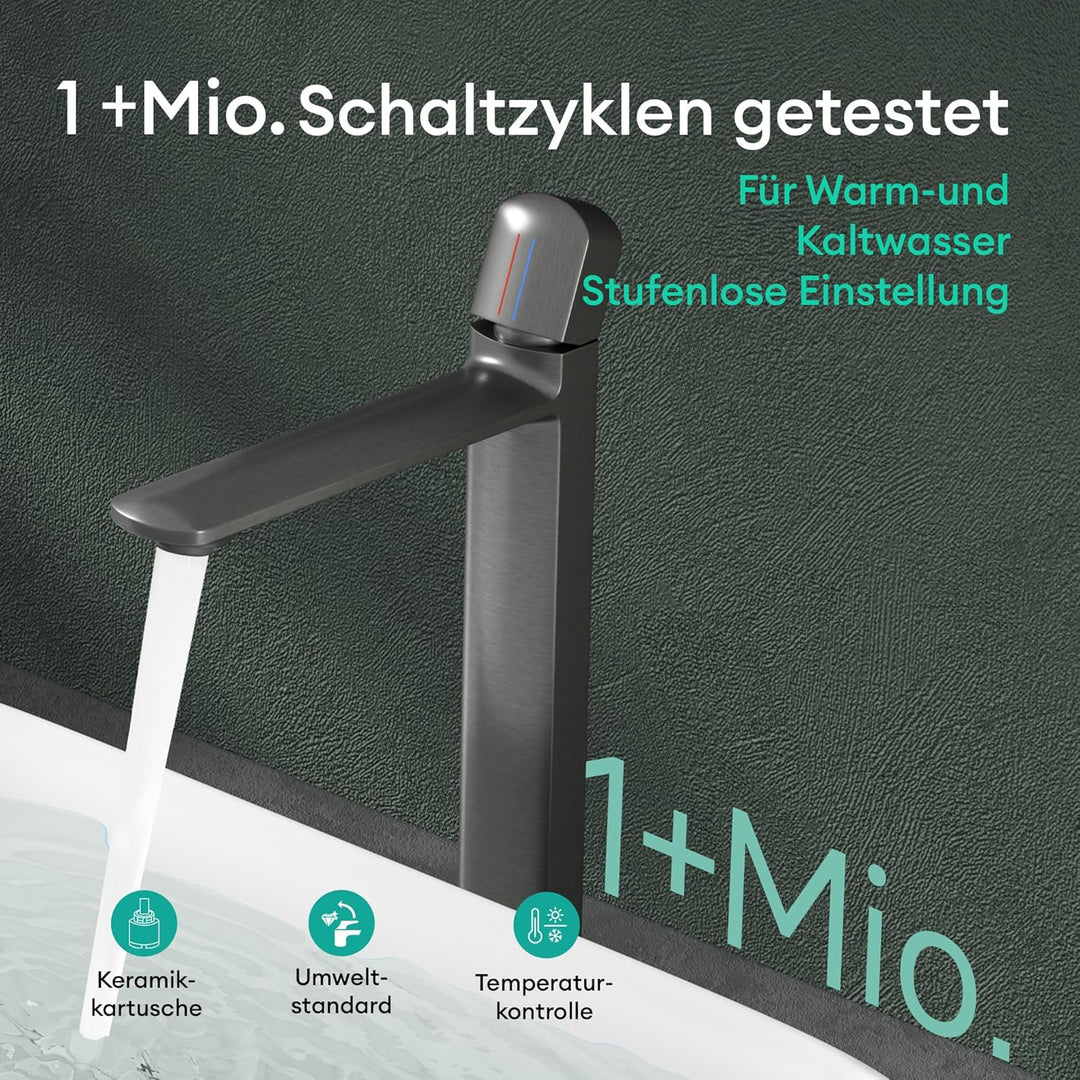 Mai &amp; Mai Wasserhahn Bad 31,3cm hoch, Waschtischarmatur Grau | Einhebelmischer Mischbatterie Bad Arm