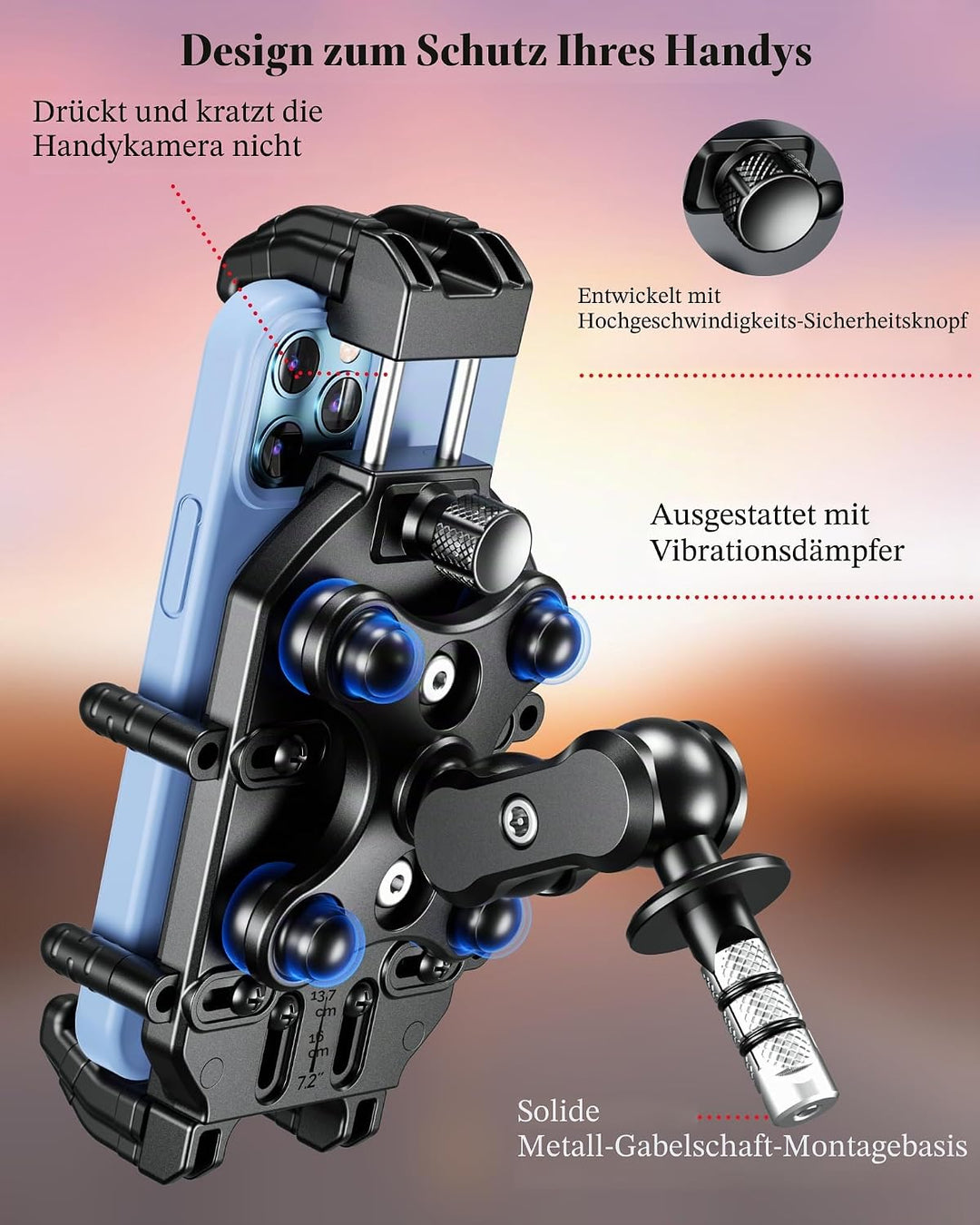 BRCOVAN Motorrad Gabelvorbau Handyhalterung mit Vibrationsdämpfer und Hochgeschwindigkeits-Sicherhei