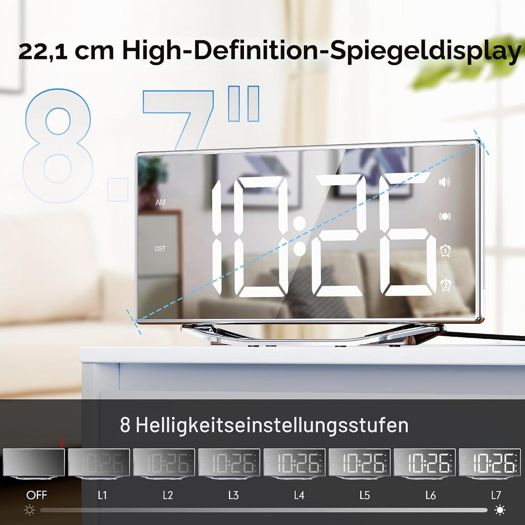Mesqool Spiegel Digital Wecker mit Vibration, Wecker Laut für Tiefschläfer, Grosses LED-Display mit