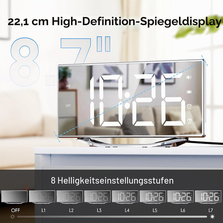 Mesqool Spiegel Digital Wecker mit Vibration, Wecker Laut für Tiefschläfer, Grosses LED-Display mit